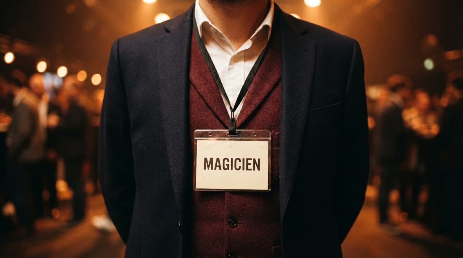 Badge d'accès portant la mention Magicien, pendu à un cordon sur un gilet bordeaux lors d'un événement