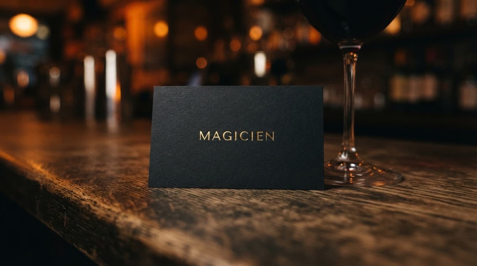 Carte de visite noire portant le mot Magicien, posée sur un comptoir de bar près d'un verre