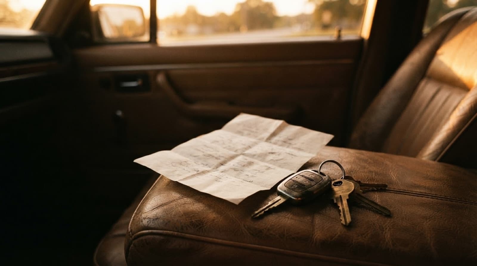 Devis papier plié posé sur le siège passager d'une voiture à côté d'un trousseau de clés