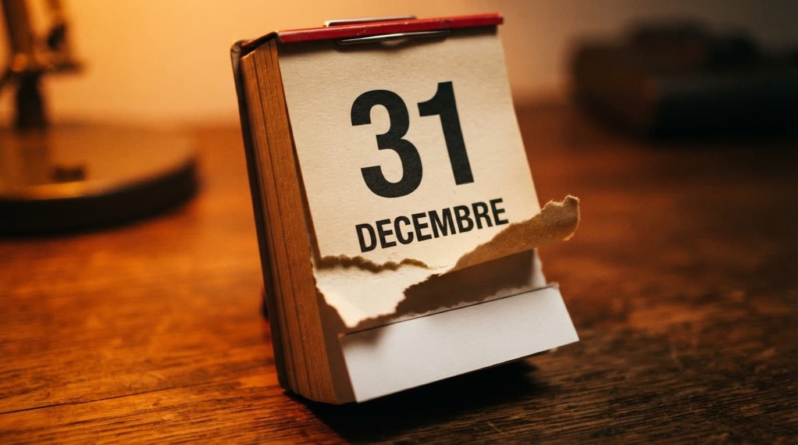 Calendrier éphéméride ouvert au 31 décembre, la page à moitié arrachée
