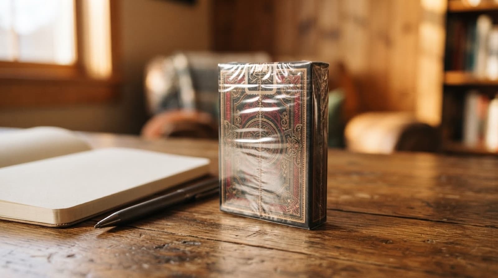 Jeu de cartes neuf encore sous cellophane posé sur une table en bois, à côté d'un carnet ouvert et d'un stylo