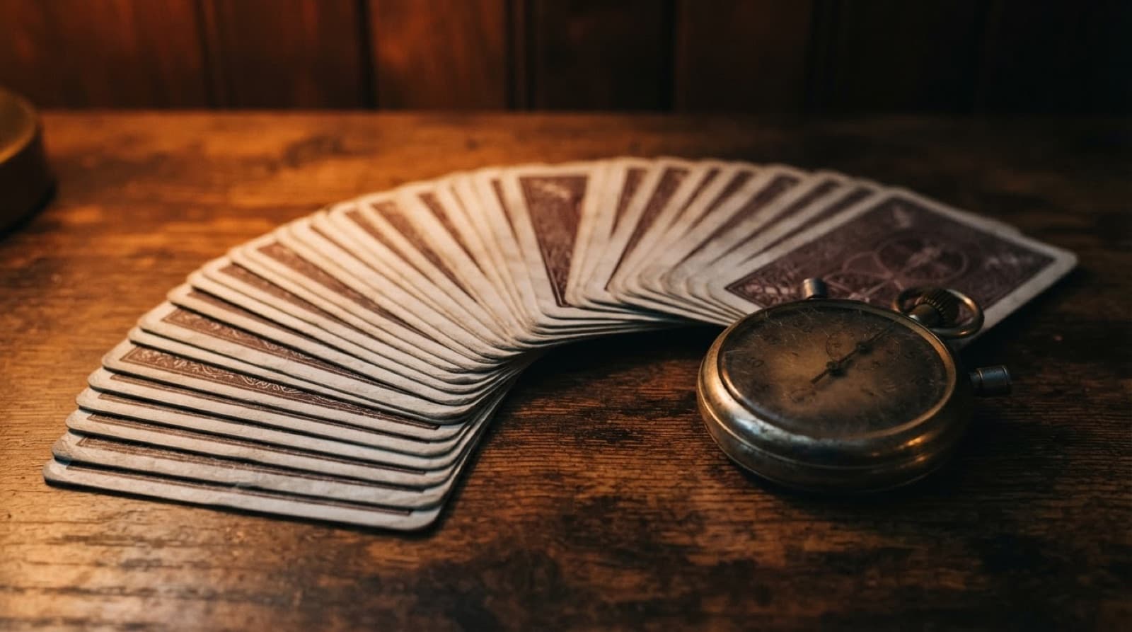 Jeu de cartes usé étalé en éventail sur une table en bois, un chronomètre mécanique posé à côté