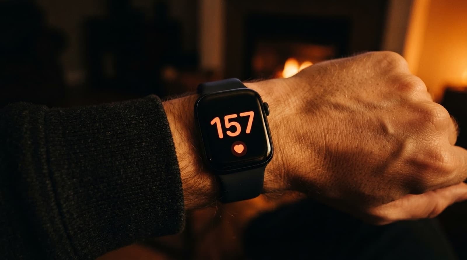 Poignet portant une montre connectée qui affiche une fréquence cardiaque de 157 battements par minute